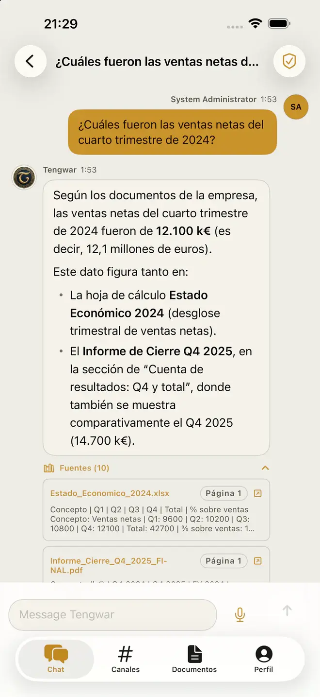 App de TENGWAR en iPhone con la respuesta sobre las ventas netas del trimestre y sus fuentes citadas