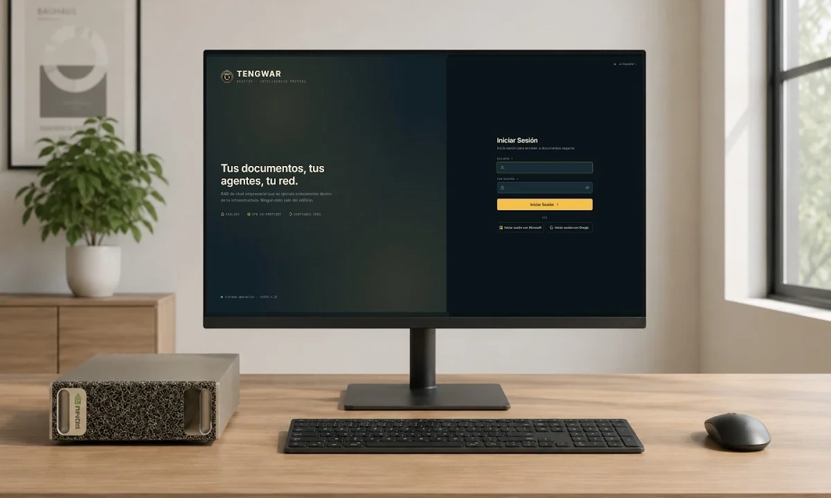 Imagen previa de la demo de TENGWAR: la pantalla de inicio de sesión en un monitor junto al servidor NVIDIA DGX Spark
